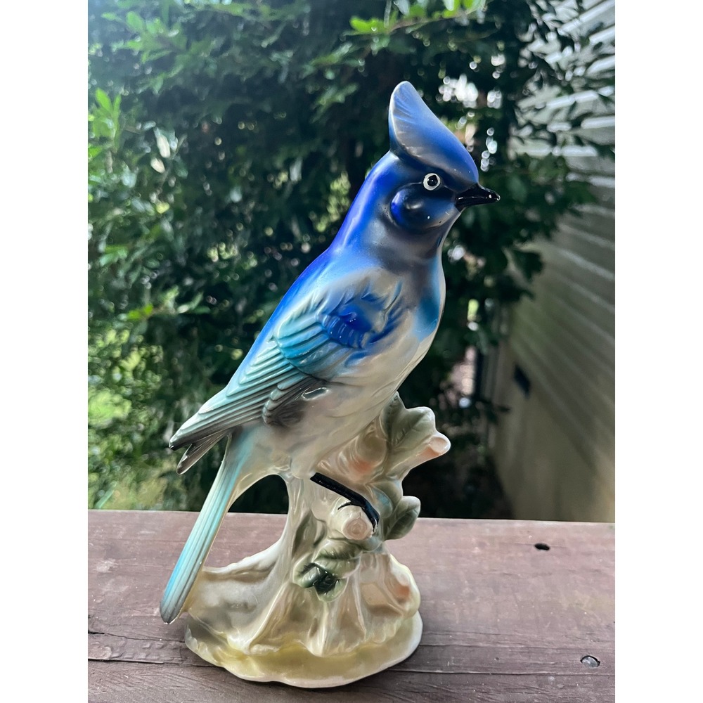 Vintage Ceramic Blue Jay Figurine Hand Painted Bird Statue Made in Japan 8.5"